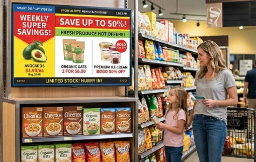 Smart LCD screen display system integrated into a modern retail supermarket environment showing dynamic promotional content Smart LCD screen display system integrated into a modern retail supermarket environment showing dynamic promotional content